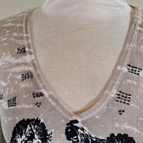Nygard Women's Top Knit Zebra Beads Sequins V Neck Mesh Sleeves Size M - Picture 4 of 12